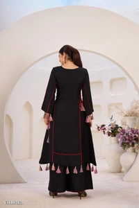 Azorte Fashion N Rayon Cord-Set Suit with Thread & Real Mirror Work, Tassel Detailing – Fully Stitched - Black, M 38