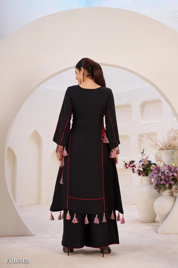 Azorte Fashion N Rayon Cord-Set Suit with Thread & Real Mirror Work, Tassel Detailing – Fully Stitched - Black, M 38