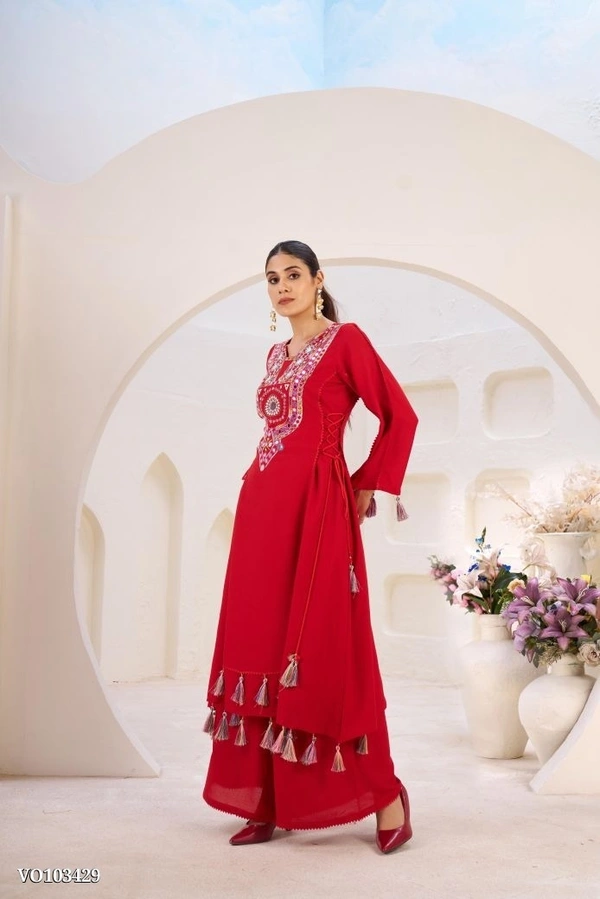 Azorte Fashion N Rayon Cord-Set Suit with Thread & Real Mirror Work, Tassel Detailing – Fully Stitched - White, L 40