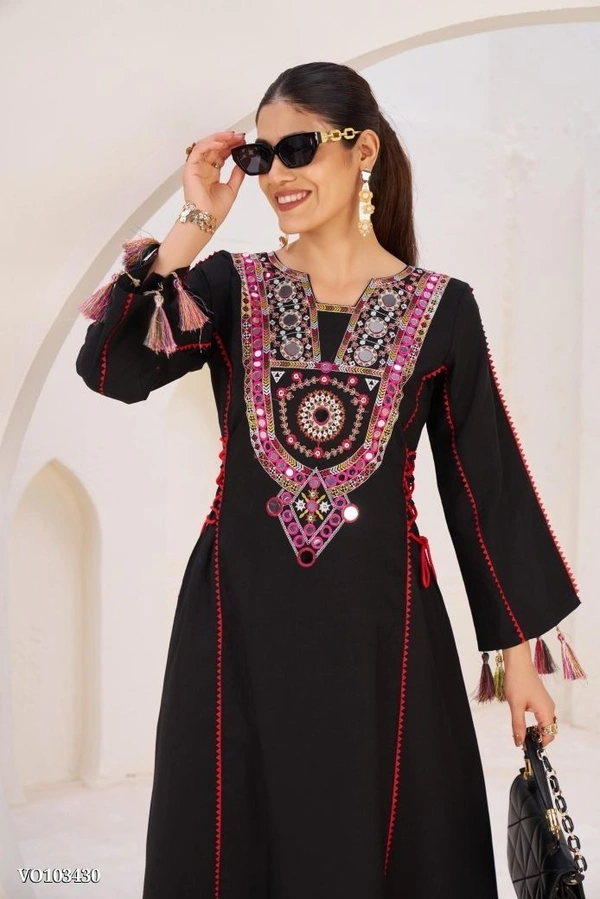 Azorte Fashion N Rayon Cord-Set Suit with Thread & Real Mirror Work, Tassel Detailing – Fully Stitched - Black, M 38