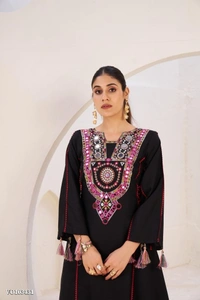 Azorte Fashion N Rayon Cord-Set Suit with Thread & Real Mirror Work, Tassel Detailing – Fully Stitched - Black, M 38