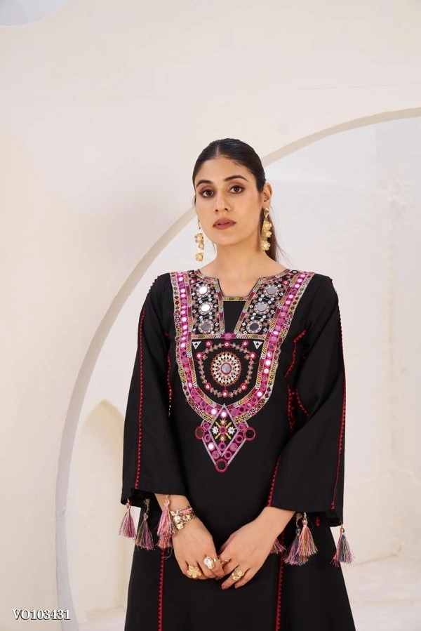 Azorte Fashion N Rayon Cord-Set Suit with Thread & Real Mirror Work, Tassel Detailing – Fully Stitched - Black, M 38