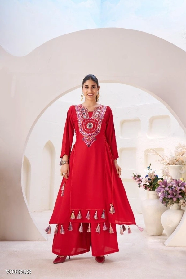 Azorte Fashion N Rayon Cord-Set Suit with Thread & Real Mirror Work, Tassel Detailing – Fully Stitched - White, L 40
