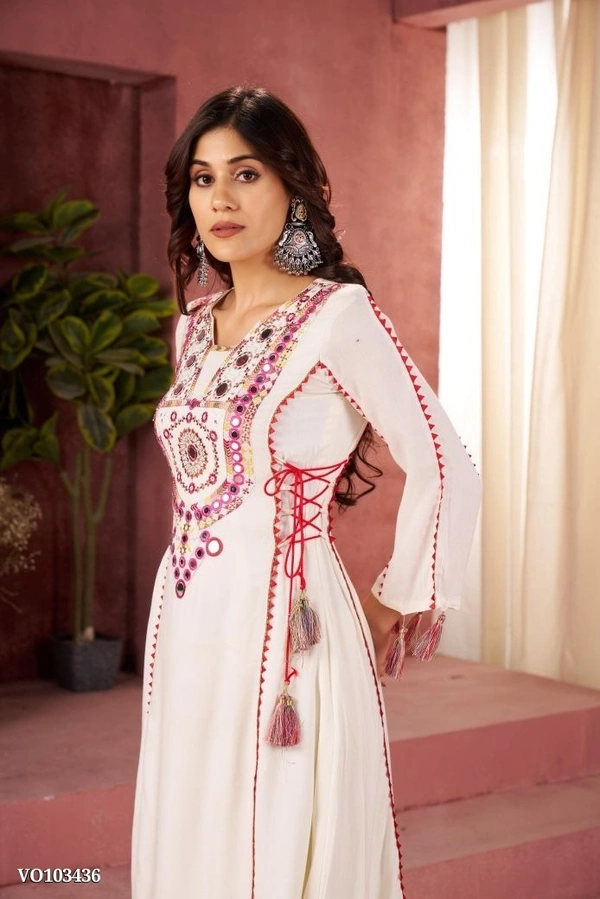 Azorte Fashion N Rayon Cord-Set Suit with Thread & Real Mirror Work, Tassel Detailing – Fully Stitched - White, M 38
