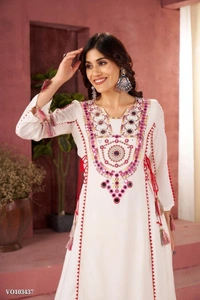 Azorte Fashion N Rayon Cord-Set Suit with Thread & Real Mirror Work, Tassel Detailing – Fully Stitched - White, M 38