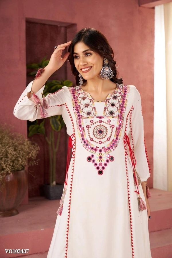 Azorte Fashion N Rayon Cord-Set Suit with Thread & Real Mirror Work, Tassel Detailing – Fully Stitched - White, M 38