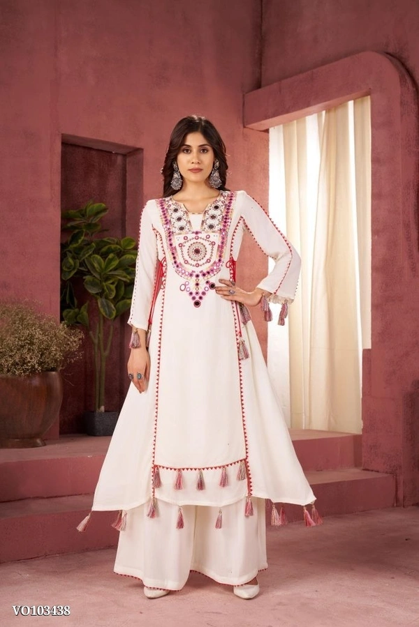 Azorte Fashion N Rayon Cord-Set Suit with Thread & Real Mirror Work, Tassel Detailing – Fully Stitched - White, M 38