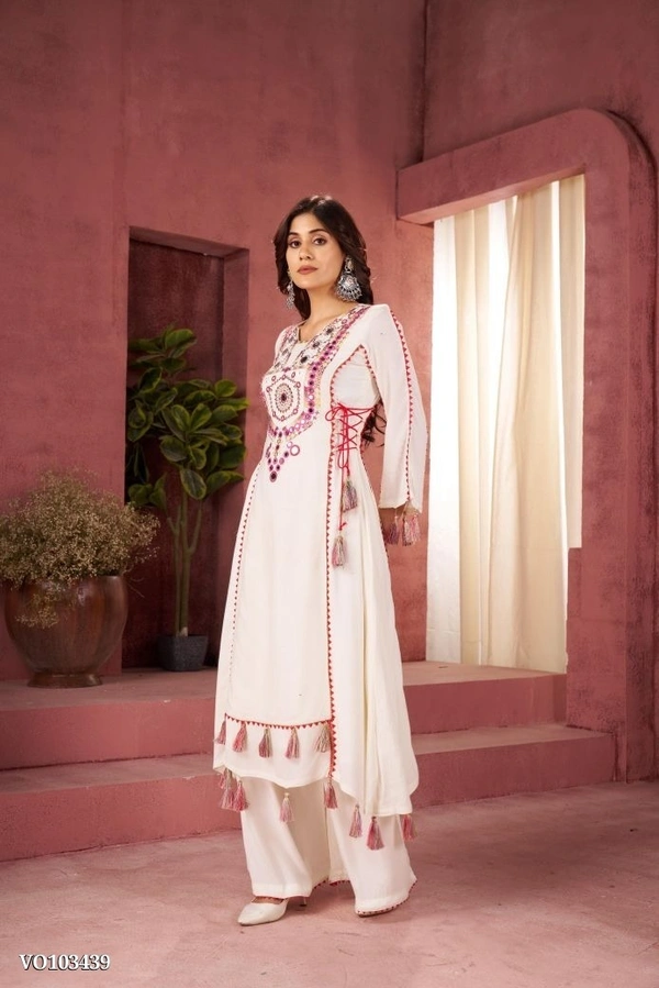 Azorte Fashion N Rayon Cord-Set Suit with Thread & Real Mirror Work, Tassel Detailing – Fully Stitched - White, M 38
