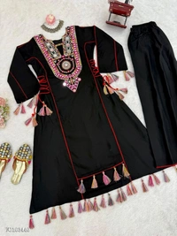 Azorte Fashion N Rayon Cord-Set Suit with Thread & Real Mirror Work, Tassel Detailing – Fully Stitched - Black, M 38