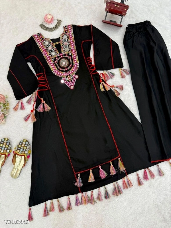 Azorte Fashion N Rayon Cord-Set Suit with Thread & Real Mirror Work, Tassel Detailing – Fully Stitched - Black, M 38