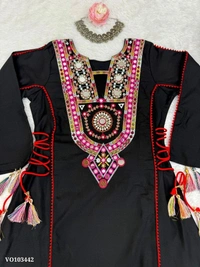 Azorte Fashion N Rayon Cord-Set Suit with Thread & Real Mirror Work, Tassel Detailing – Fully Stitched - Black, M 38