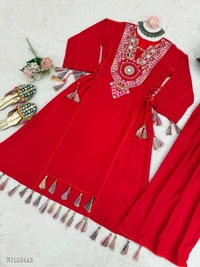 Azorte Fashion N Rayon Cord-Set Suit with Thread & Real Mirror Work, Tassel Detailing – Fully Stitched - White, L 40