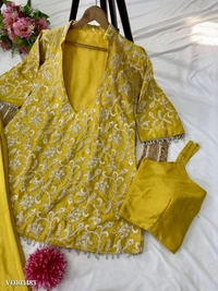 Azorte Fashion N Chinnon Silk Co-Ord Set with Multi-Thread Coding & Sequence Work – Fully Stitched Top, Blouse & Plazo (XL to XXL Margin) | Made in India - Free