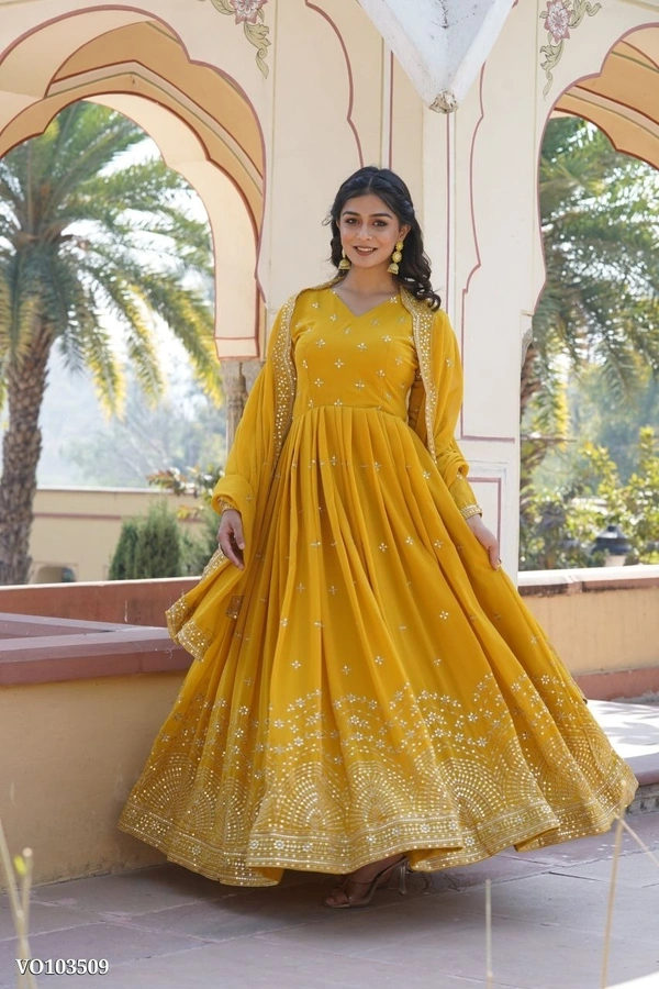 Azorte Fashion N Faux Georgette Gown with Zari & Sequins Embroidery and Embroidered Dupatta – Full Sleeves, 3.5 Mtr Flair, Fancy V Neck - XL