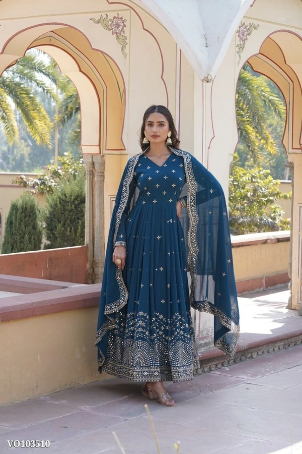 Azorte Fashion N Faux Georgette Gown with Zari & Sequins Embroidery and Embroidered Dupatta – Full Sleeves, 3.5 Mtr Flair, Fancy V Neck - M