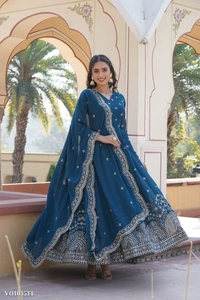 Azorte Fashion N Faux Georgette Gown with Zari & Sequins Embroidery and Embroidered Dupatta – Full Sleeves, 3.5 Mtr Flair, Fancy V Neck - M
