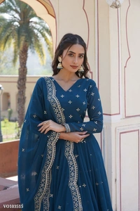 Azorte Fashion N Faux Georgette Gown with Zari & Sequins Embroidery and Embroidered Dupatta – Full Sleeves, 3.5 Mtr Flair, Fancy V Neck - M