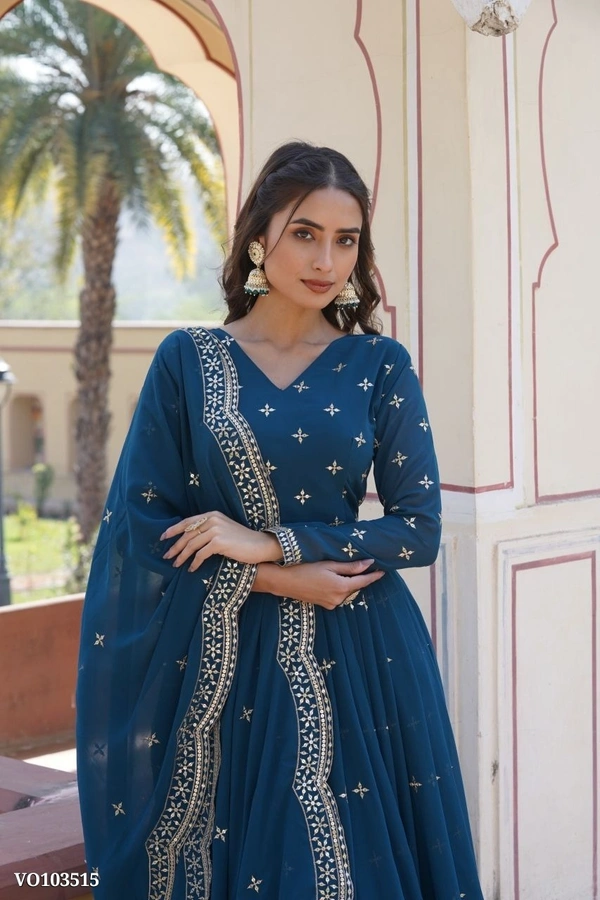 Azorte Fashion N Faux Georgette Gown with Zari & Sequins Embroidery and Embroidered Dupatta – Full Sleeves, 3.5 Mtr Flair, Fancy V Neck - M