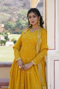 Azorte Fashion N Faux Georgette Gown with Zari & Sequins Embroidery and Embroidered Dupatta – Full Sleeves, 3.5 Mtr Flair, Fancy V Neck - XL