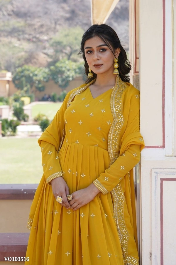 Azorte Fashion N Faux Georgette Gown with Zari & Sequins Embroidery and Embroidered Dupatta – Full Sleeves, 3.5 Mtr Flair, Fancy V Neck - XL