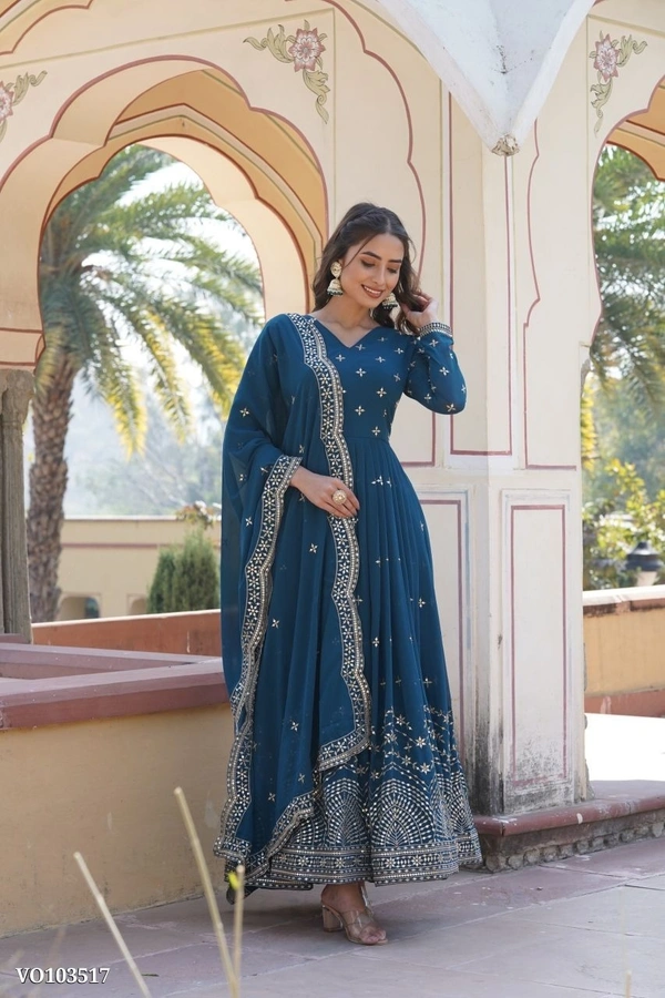 Azorte Fashion N Faux Georgette Gown with Zari & Sequins Embroidery and Embroidered Dupatta – Full Sleeves, 3.5 Mtr Flair, Fancy V Neck - M