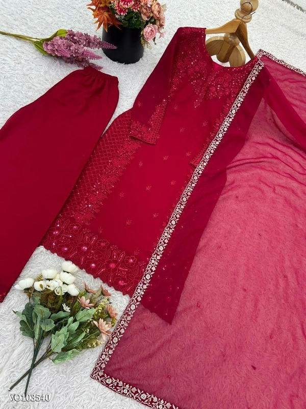 Azorte Fashion N Pakistani Style Faux Georgette Salwar Suit Set with 3mm Sequin Embroidery – Fully Stitched Top, Pant & Dupatta (M to XXL) | Lace Border | Made in India - L 40