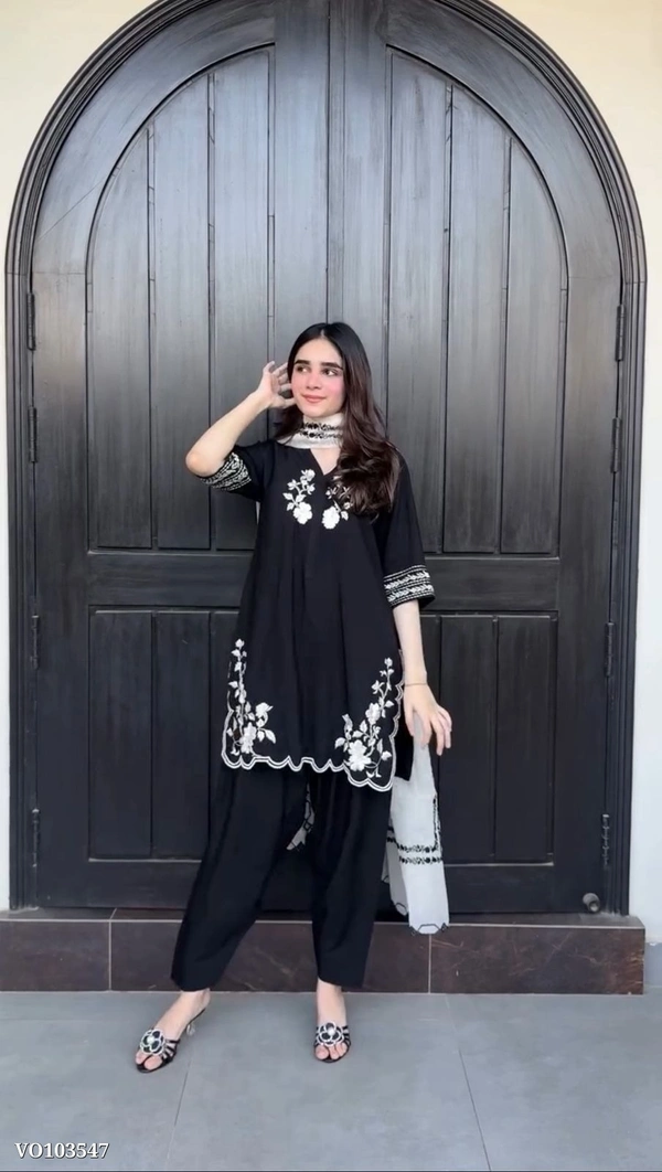 BE-377 French Crepe Embroidered Salwar Suit with Printed Georgette Dupatta – Fully Stitched (M to XXL) | Elegant Ethnic Wear | Made in India