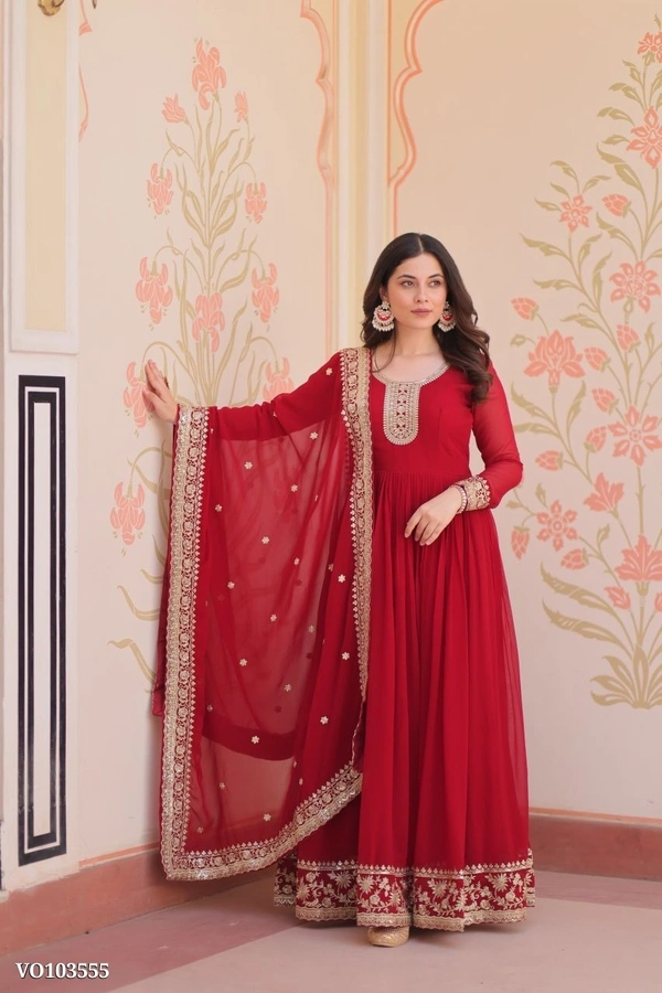 Azorte Fashion N Zari & Sequins Embroidered Faux Georgette Gown With Dupatta – Maroon, Purple, Rani (Sizes M to XXL) - M