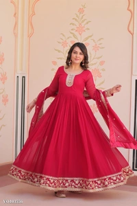 Azorte Fashion N Zari & Sequins Embroidered Faux Georgette Gown With Dupatta – Maroon, Purple, Rani (Sizes M to XXL) - M