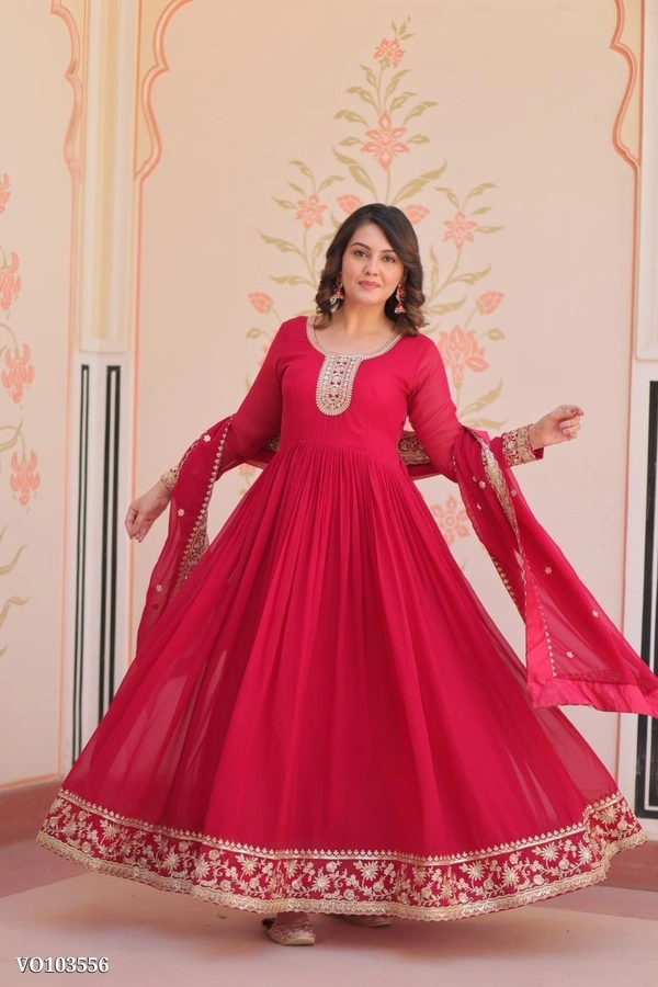 Azorte Fashion N Zari & Sequins Embroidered Faux Georgette Gown With Dupatta – Maroon, Purple, Rani (Sizes M to XXL) - M