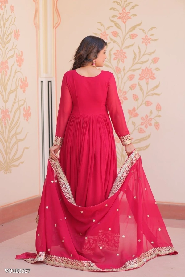 Azorte Fashion N Zari & Sequins Embroidered Faux Georgette Gown With Dupatta – Maroon, Purple, Rani (Sizes M to XXL) - M