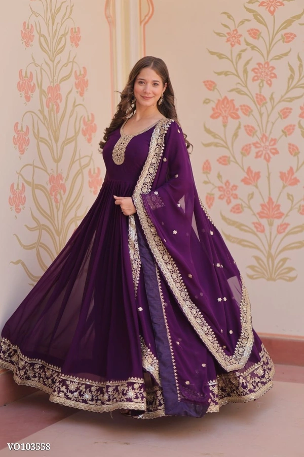 Azorte Fashion N Zari & Sequins Embroidered Faux Georgette Gown With Dupatta – Maroon, Purple, Rani (Sizes M to XXL) - XXL