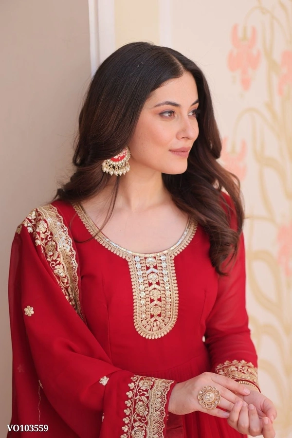 Azorte Fashion N Zari & Sequins Embroidered Faux Georgette Gown With Dupatta – Maroon, Purple, Rani (Sizes M to XXL) - M
