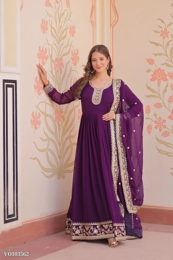 Azorte Fashion N Zari & Sequins Embroidered Faux Georgette Gown With Dupatta – Maroon, Purple, Rani (Sizes M to XXL) - XXL