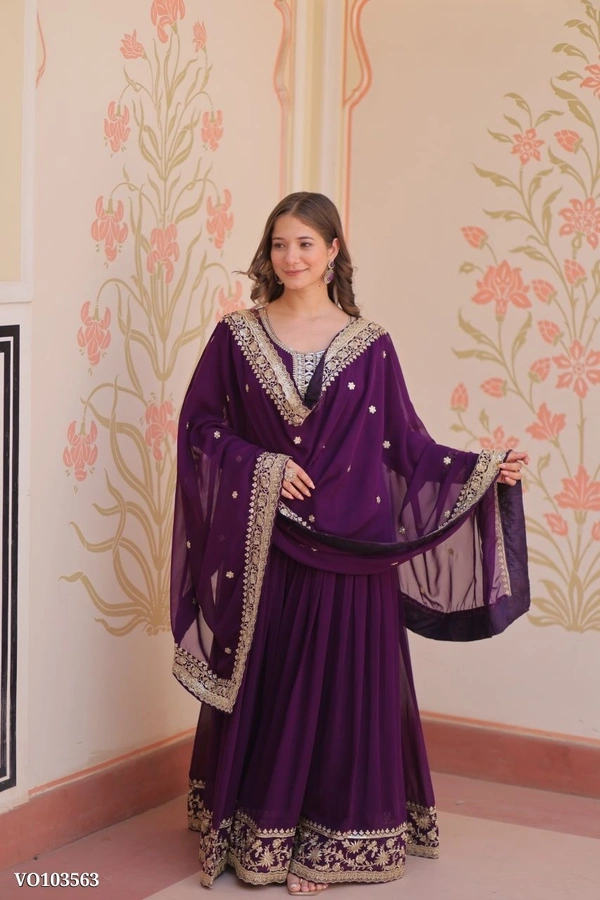 Azorte Fashion N Zari & Sequins Embroidered Faux Georgette Gown With Dupatta – Maroon, Purple, Rani (Sizes M to XXL) - XXL