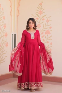 Azorte Fashion N Zari & Sequins Embroidered Faux Georgette Gown With Dupatta – Maroon, Purple, Rani (Sizes M to XXL) - M
