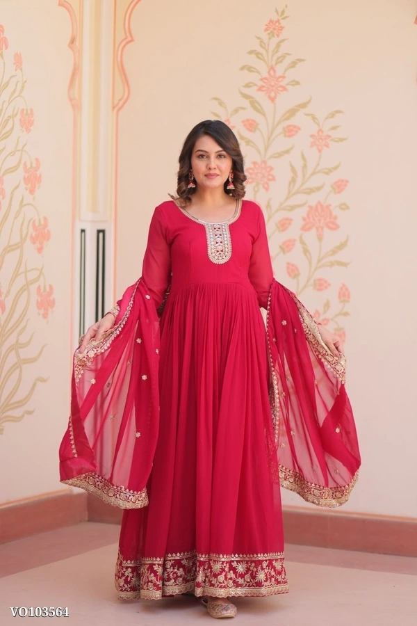 Azorte Fashion N Zari & Sequins Embroidered Faux Georgette Gown With Dupatta – Maroon, Purple, Rani (Sizes M to XXL) - M