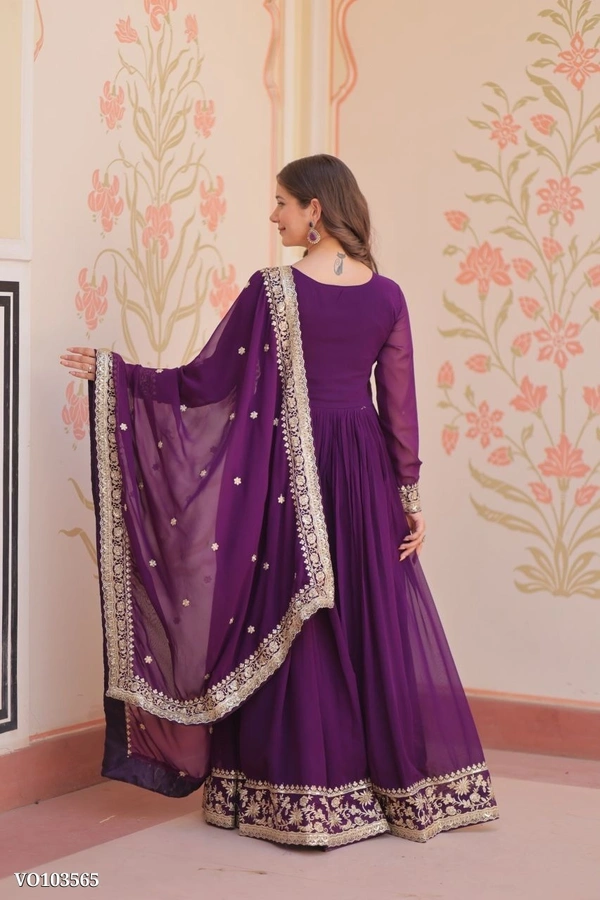 Azorte Fashion N Zari & Sequins Embroidered Faux Georgette Gown With Dupatta – Maroon, Purple, Rani (Sizes M to XXL) - XXL