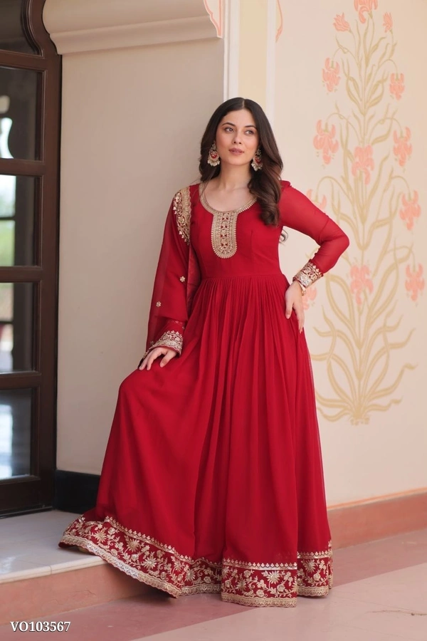 Azorte Fashion N Zari & Sequins Embroidered Faux Georgette Gown With Dupatta – Maroon, Purple, Rani (Sizes M to XXL) - M