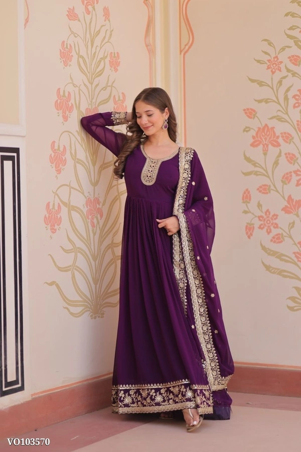 Azorte Fashion N Zari & Sequins Embroidered Faux Georgette Gown With Dupatta – Maroon, Purple, Rani (Sizes M to XXL) - XXL