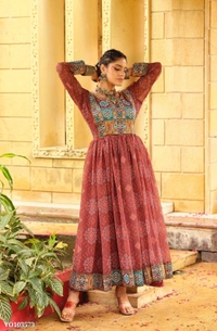 Azorte Fashion N aux Georgette Gown with Gamthi Jacquard Neck & Lace Border – 4 Meter Flair – Fully Stitched  - Burnt Umber, L 40