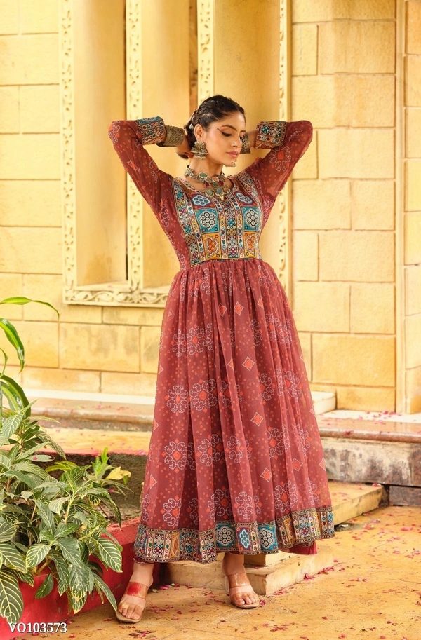Azorte Fashion N aux Georgette Gown with Gamthi Jacquard Neck & Lace Border – 4 Meter Flair – Fully Stitched  - Burnt Umber, L 40