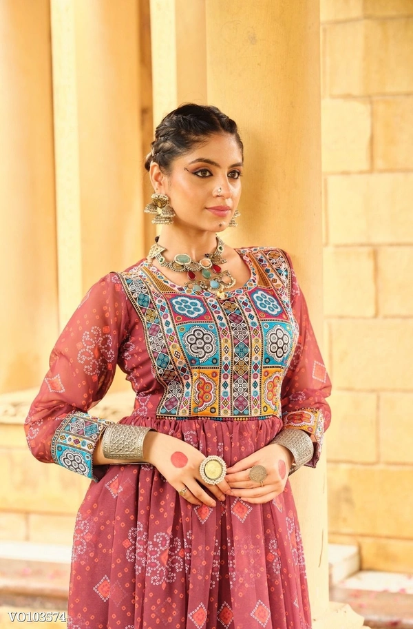 Azorte Fashion N aux Georgette Gown with Gamthi Jacquard Neck & Lace Border – 4 Meter Flair – Fully Stitched  - Burnt Umber, L 40
