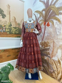 Azorte Fashion N aux Georgette Gown with Gamthi Jacquard Neck & Lace Border – 4 Meter Flair – Fully Stitched  - Burnt Umber, L 40