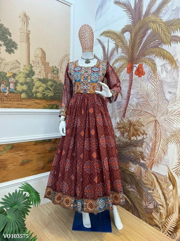 Azorte Fashion N aux Georgette Gown with Gamthi Jacquard Neck & Lace Border – 4 Meter Flair – Fully Stitched  - Burnt Umber, L 40