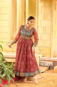 Azorte Fashion N aux Georgette Gown with Gamthi Jacquard Neck & Lace Border – 4 Meter Flair – Fully Stitched  - Burnt Umber, L 40
