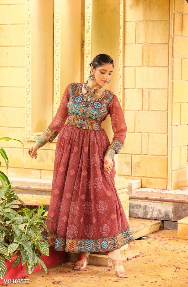 Azorte Fashion N aux Georgette Gown with Gamthi Jacquard Neck & Lace Border – 4 Meter Flair – Fully Stitched  - Burnt Umber, L 40