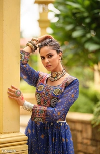 Azorte Fashion N aux Georgette Gown with Gamthi Jacquard Neck & Lace Border – 4 Meter Flair – Fully Stitched  - Burnt Umber, XXL 44