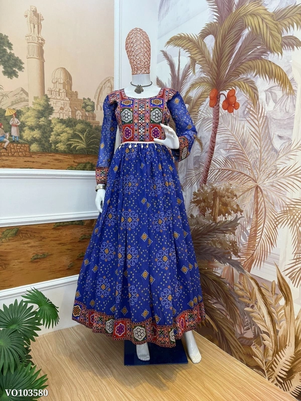 Azorte Fashion N aux Georgette Gown with Gamthi Jacquard Neck & Lace Border – 4 Meter Flair – Fully Stitched  - Burnt Umber, XXL 44
