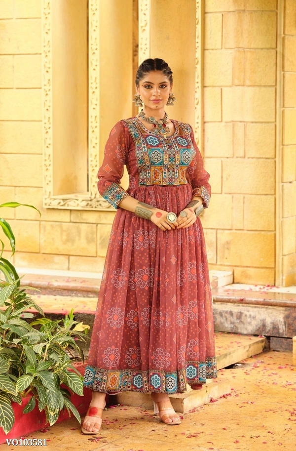 Azorte Fashion N aux Georgette Gown with Gamthi Jacquard Neck & Lace Border – 4 Meter Flair – Fully Stitched  - Burnt Umber, L 40